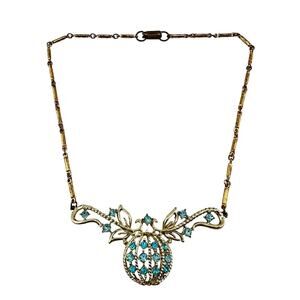 Vintage Aqua Rhinestone 1950s 1960s Filigree Gold Tone 16" Choker Necklace